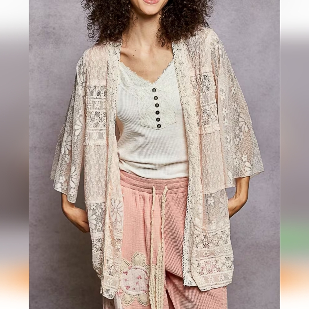 NS02. POL BOHEMIAN FLORAL LACE CROCHET TRIM LIGHT PINK KIMONO CARDIGAN - Picture 2 of 4